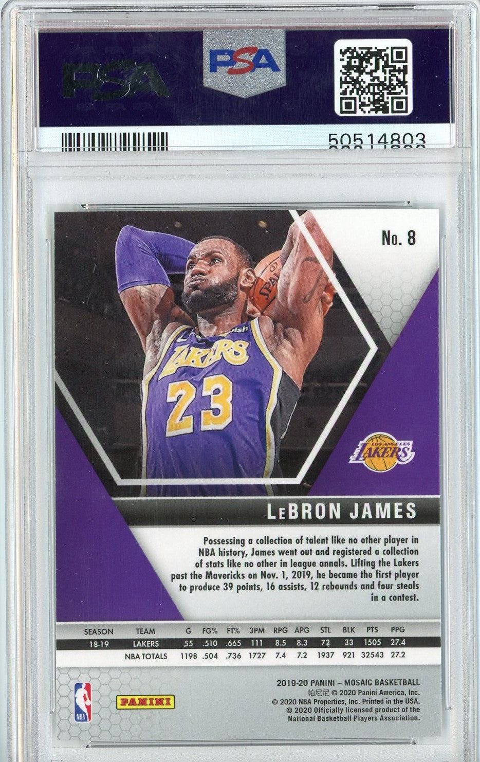 Graded 2019 Panini Mosaic LeBron James #8 Basketball Card PSA 10 Gem Mint