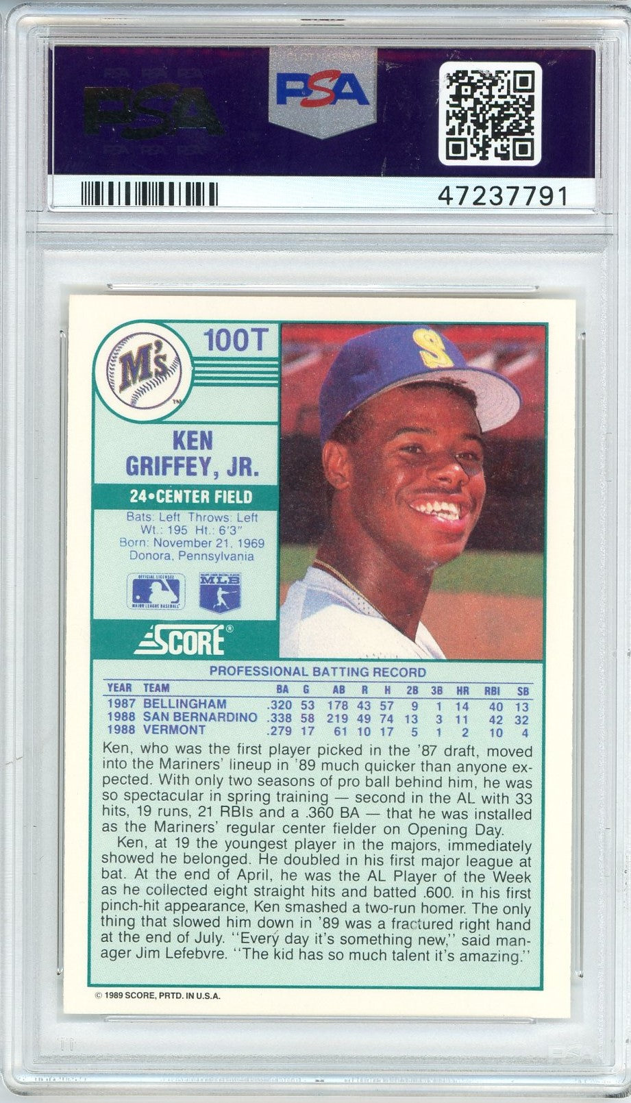 Graded 1989 Score Traded Ken Griffey Jr. #100T Rookie RC Baseball Card PSA 10 Gem Mint