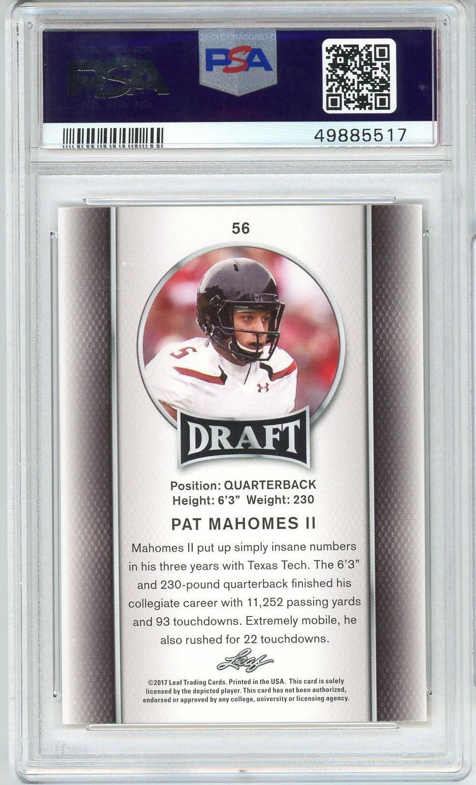 Graded 2017 Leaf Draft Patrick Mahomes II #56 Gold Rookie RC Football Card PSA 10 Gem Mint