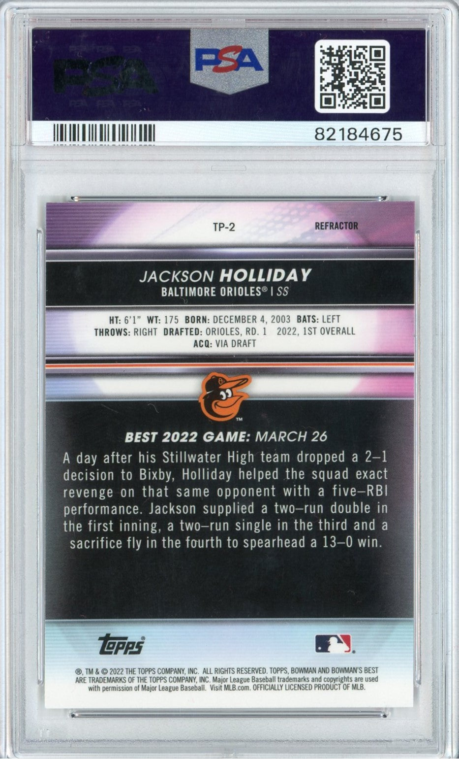 Graded 2022 Topps Bowmans Best Jackson Holliday #TP2 Top Prospects Refractor Rookie RC Baseball Card PSA 10 Gem Mint