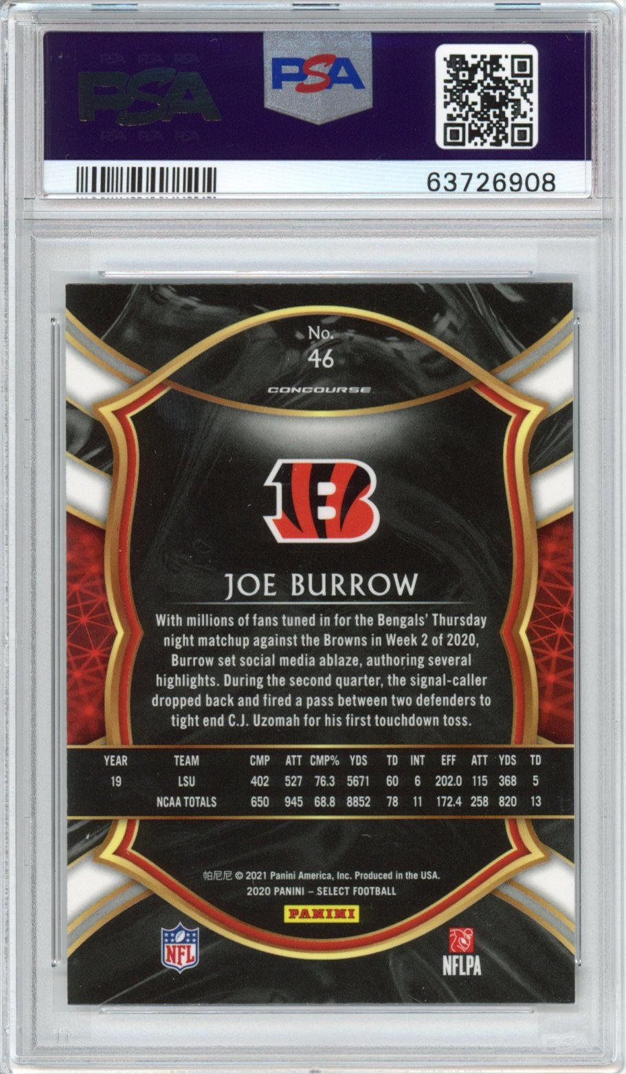 Graded 2020 Panini Select Joe Burrow #46 Rookie RC Football Card PSA 10 Gem Mint