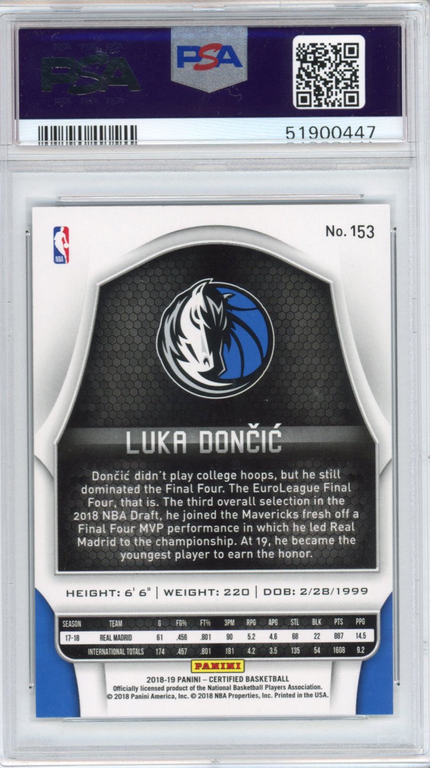 Graded 2018-19 Panini Certified Luka Doncic #153 Rookie RC Basketball Card PSA 10 Gem Mint