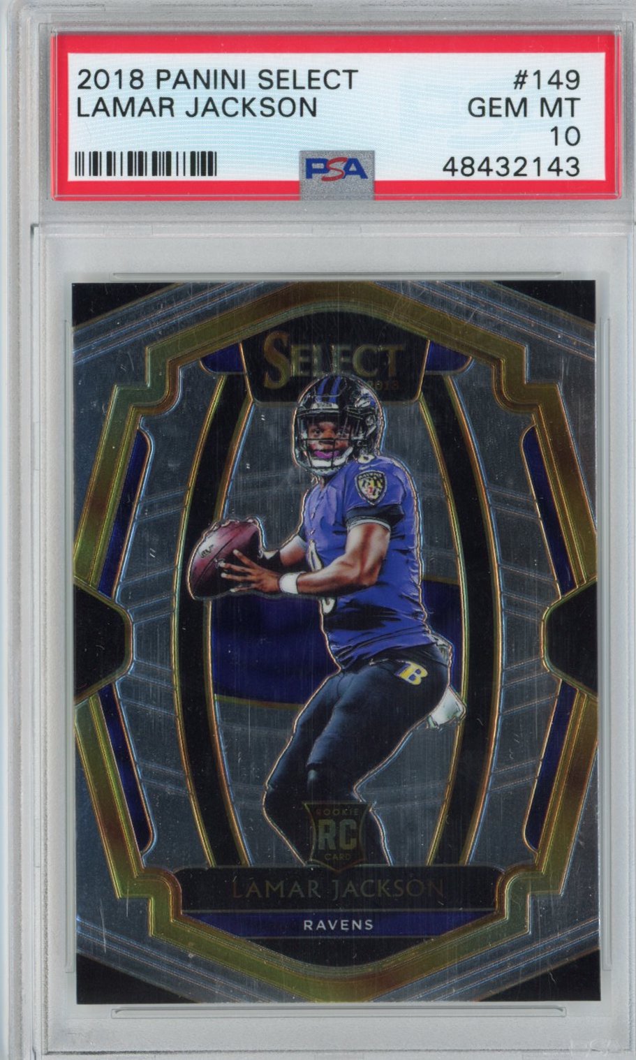 Graded 2018 Panini Select Lamar Jackson #149 Premier Level Rookie RC Football Card PSA 10 Gem Mint