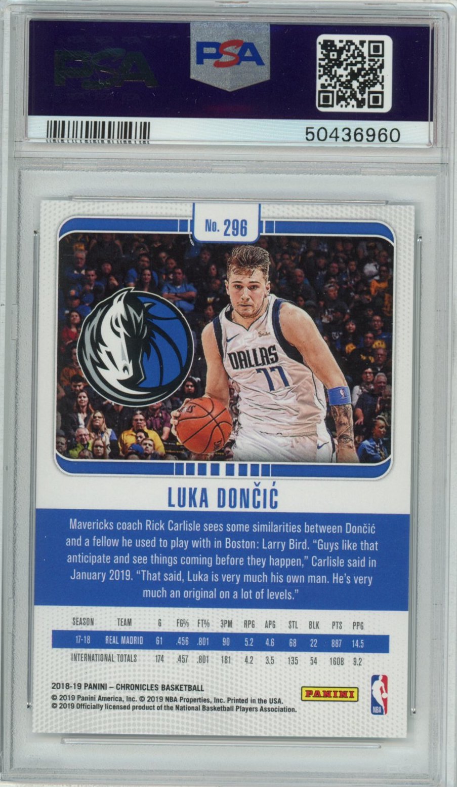 Graded 2018-19 Panini Chronicles Luka Doncic #296 Rookie RC Basketball Card PSA 10 Gem Mint