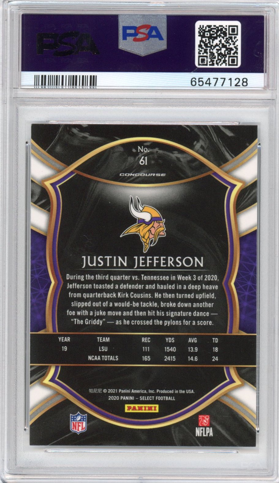 Graded 2020 Panini Select Justin Jefferson #61 Rookie RC Football Card PSA 10 Gem Mint