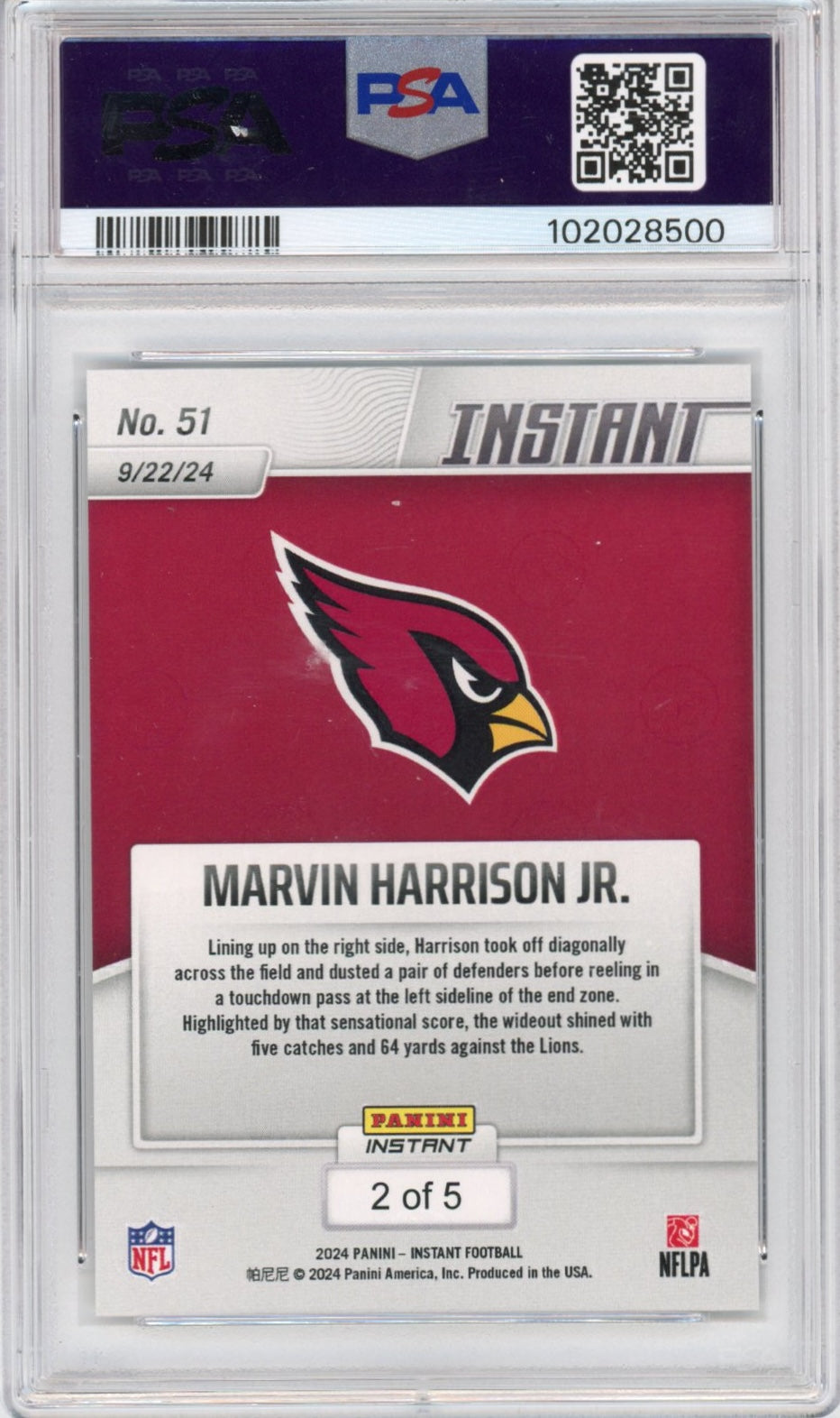 Graded 2024 Panini Instant NFL Marvin Harrison Jr #51 White Tiger /5 Rookie RC Football Card PSA 9 Mint