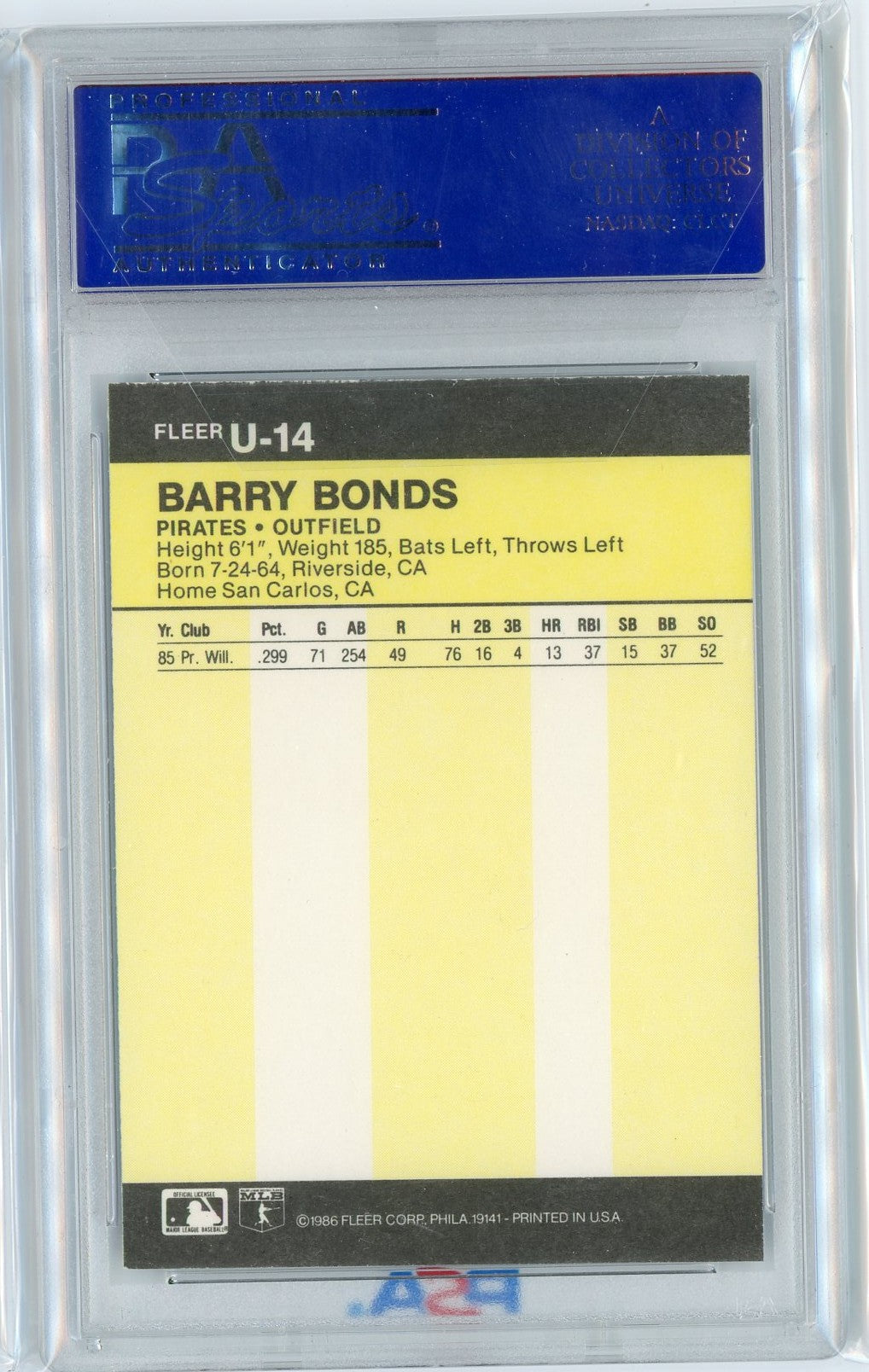 Graded 1986 Fleer Update Barry Bonds #U14 Rookie RC Baseball Card PSA 8 NM-MT