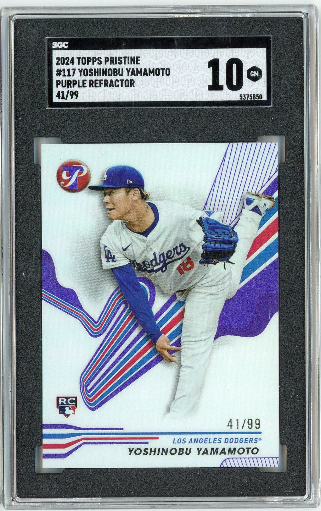Graded 2024 Topps Pristine Yoshinobu Yamamoto #117 /99 Purple Refractor Rookie RC Baseball Card SGC 10 Gem Mint