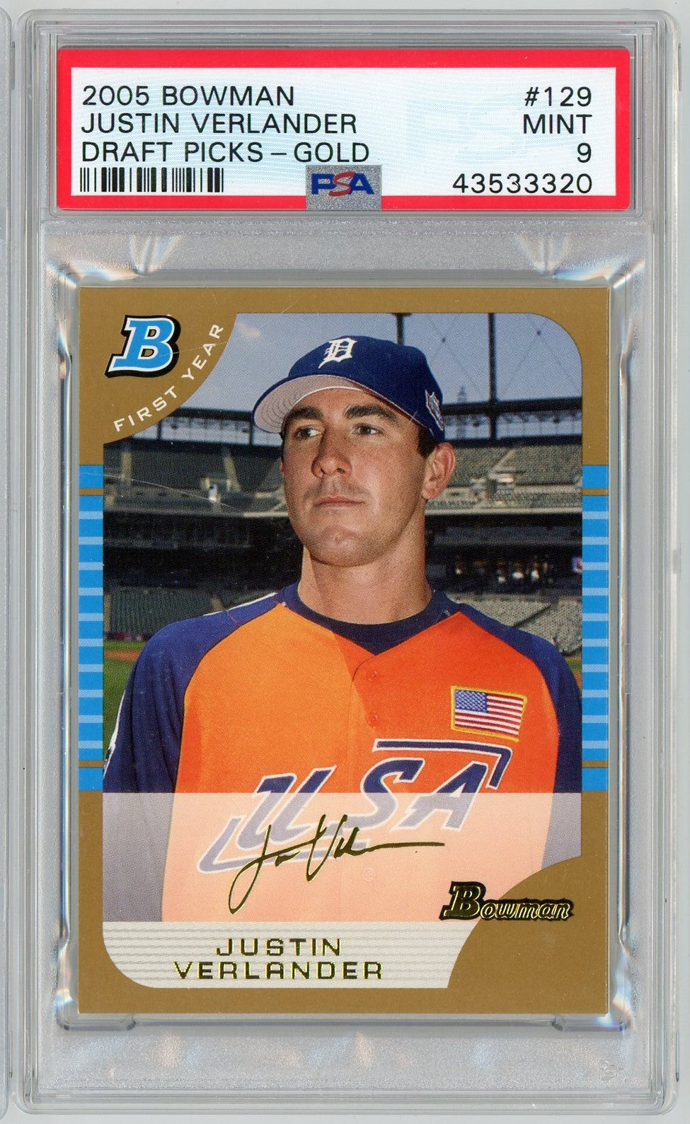 Graded 2005 Bowman Draft Picks Gold Justin Verlander #BDP129 Rookie RC Baseball Card PSA 9 Mint