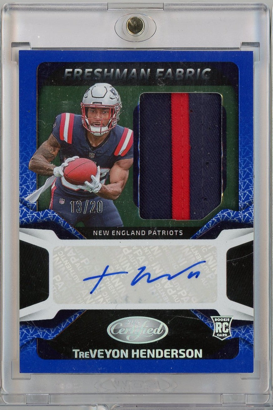 2025 Panini Certified Freshman Fabric TreVeyon Henderson #FBCTHN /20 Relic Auto New England Patriots Rookie RC Football Card