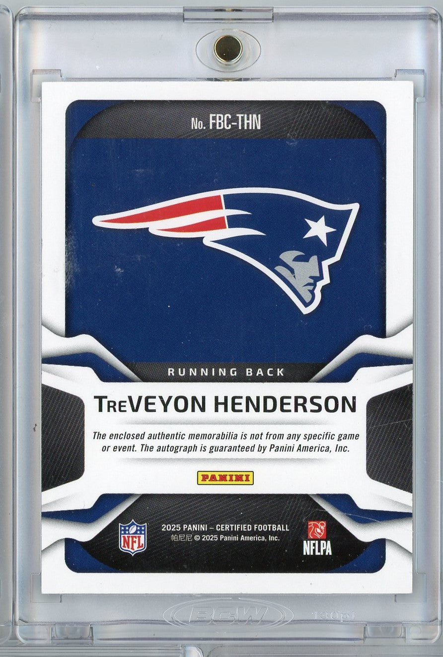 2025 Panini Certified Freshman Fabric TreVeyon Henderson #FBCTHN /20 Relic Auto New England Patriots Rookie RC Football Card