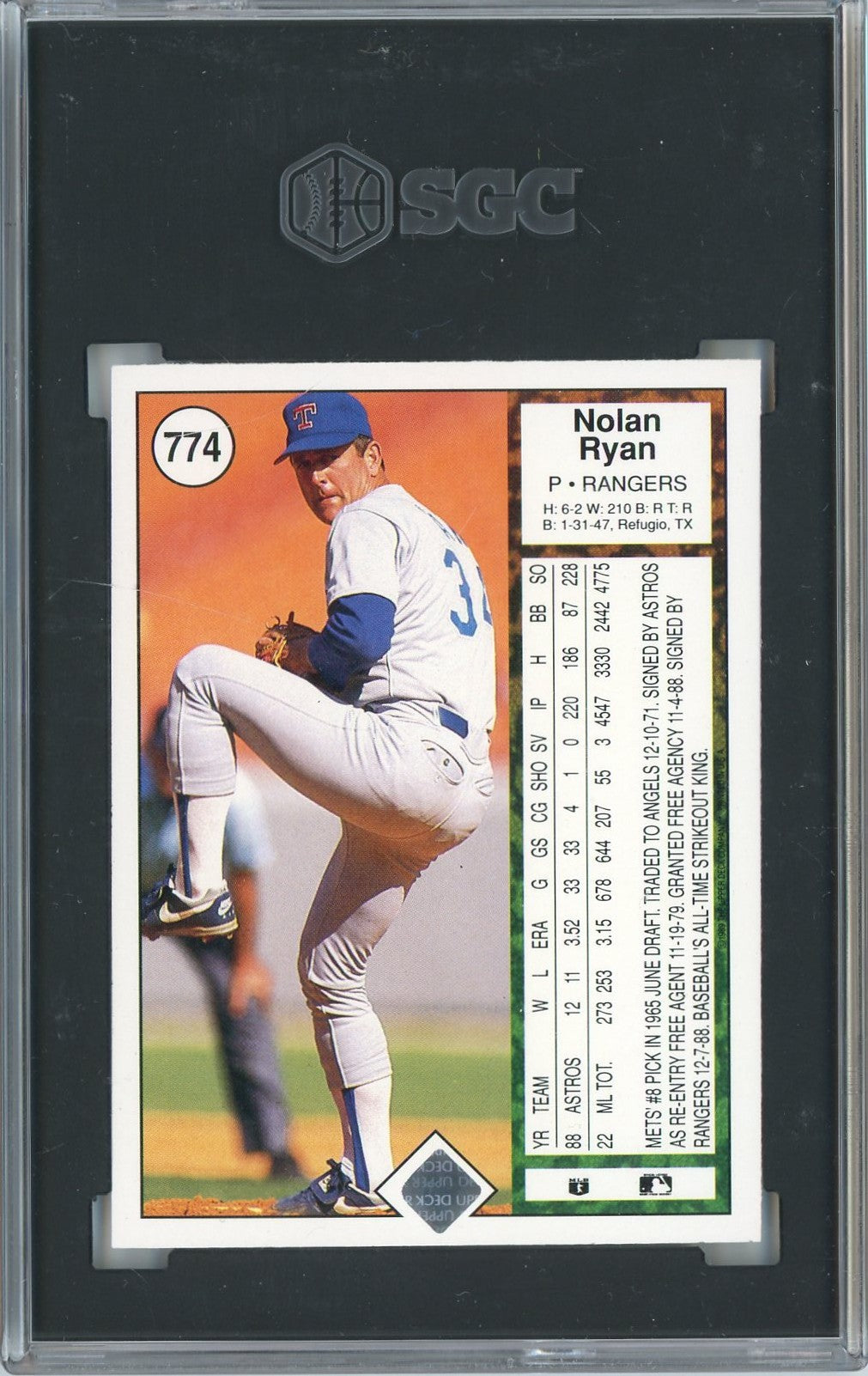 Graded 1989 Upper Deck Nolan Ryan Throwing Football #774 Baseball Card SGC 9 Mint