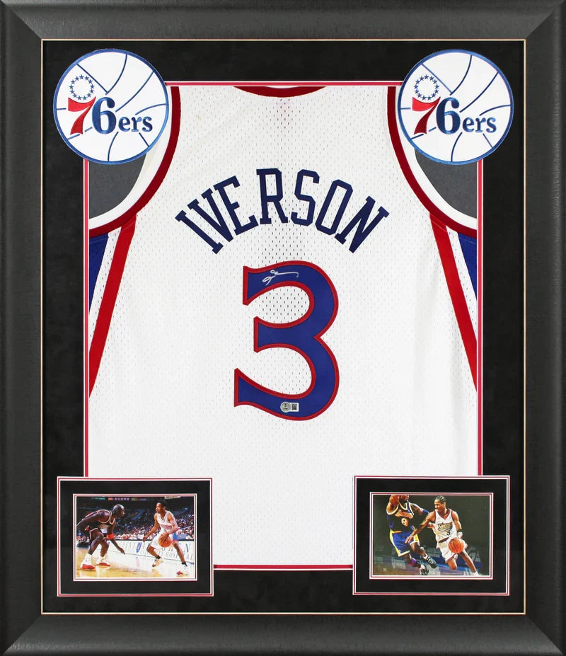 76ers Allen Iverson Signed White 1996-97 M&N HWC Swingman Framed Jersey BAS Wit