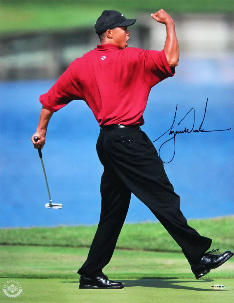 Tiger Woods Authentic Signed 16x20 Framed Vertical Fist Pump Photo UDA