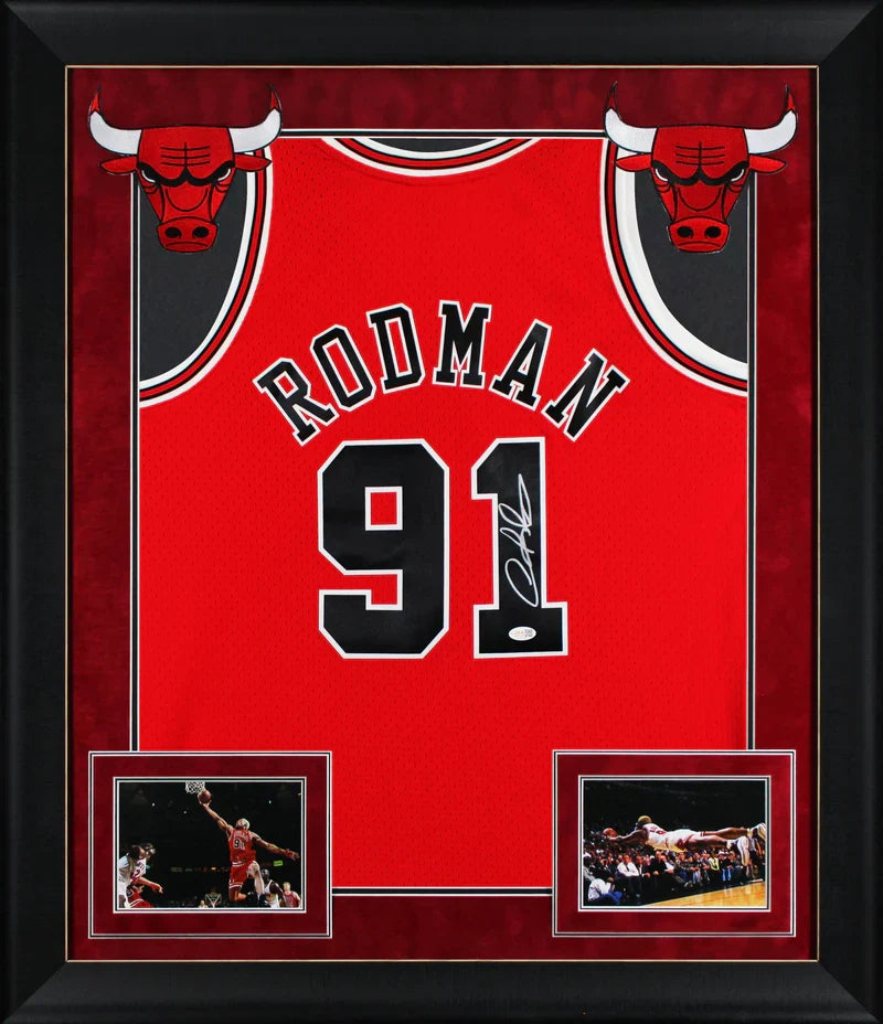 Bulls Dennis Rodman Signed Red M&N HWC Swingman Framed Jersey JSA Witness