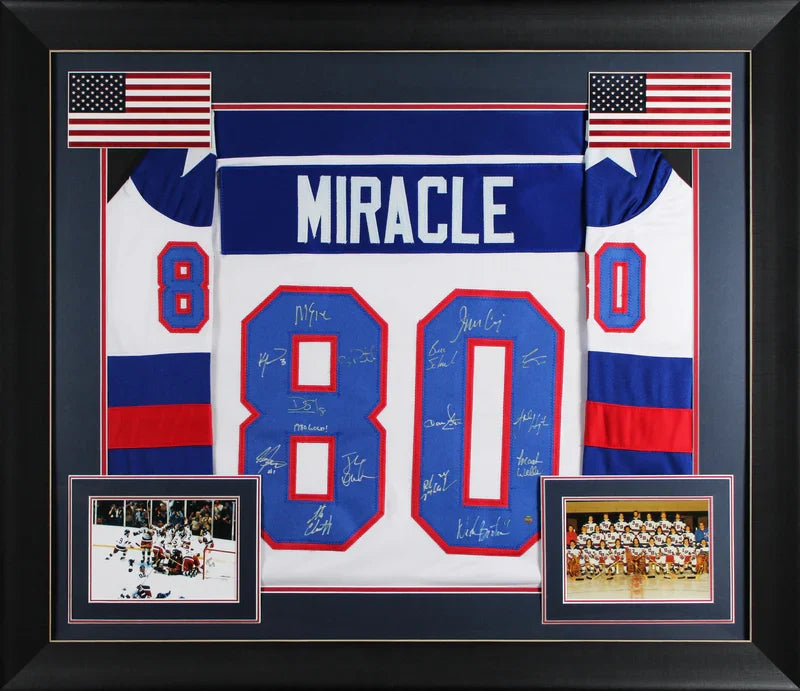 1980 USA Hockey (15) Craig, Eruzione, Broten Signed White Framed Jersey Steiner