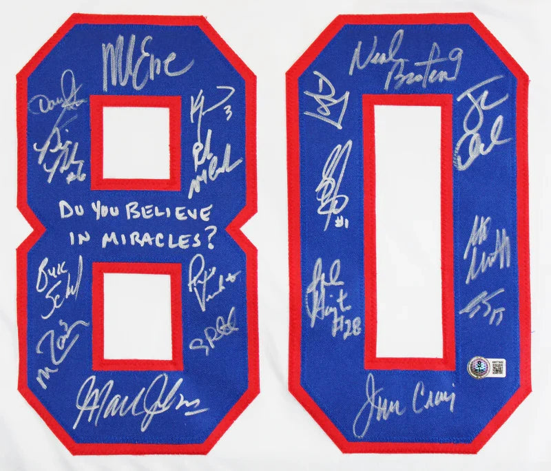 1980 USA Hockey 18 Autos Craig, Eruzione, Broten Signed White Framed Jersey BAS