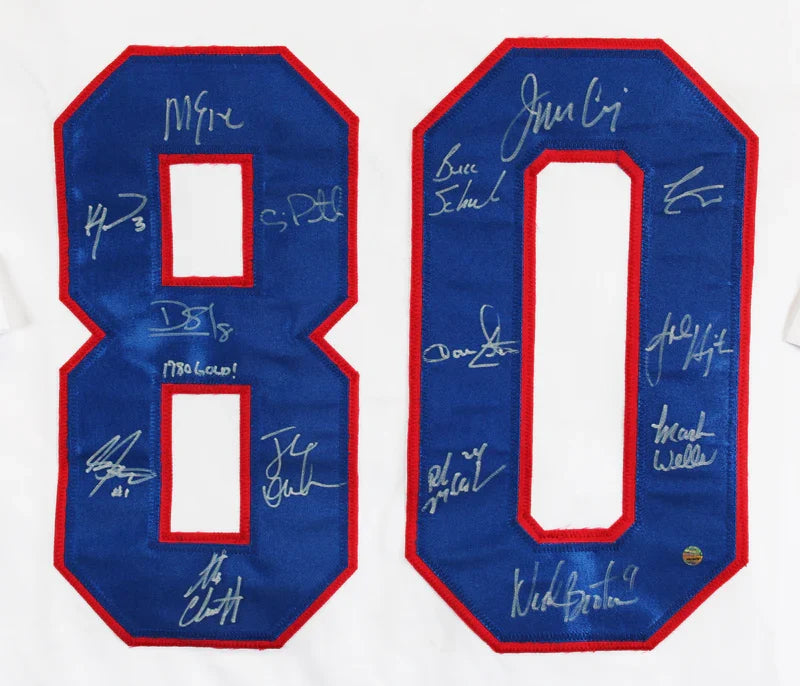 1980 USA Hockey (15) Craig, Eruzione, Broten Signed White Framed Jersey Steiner