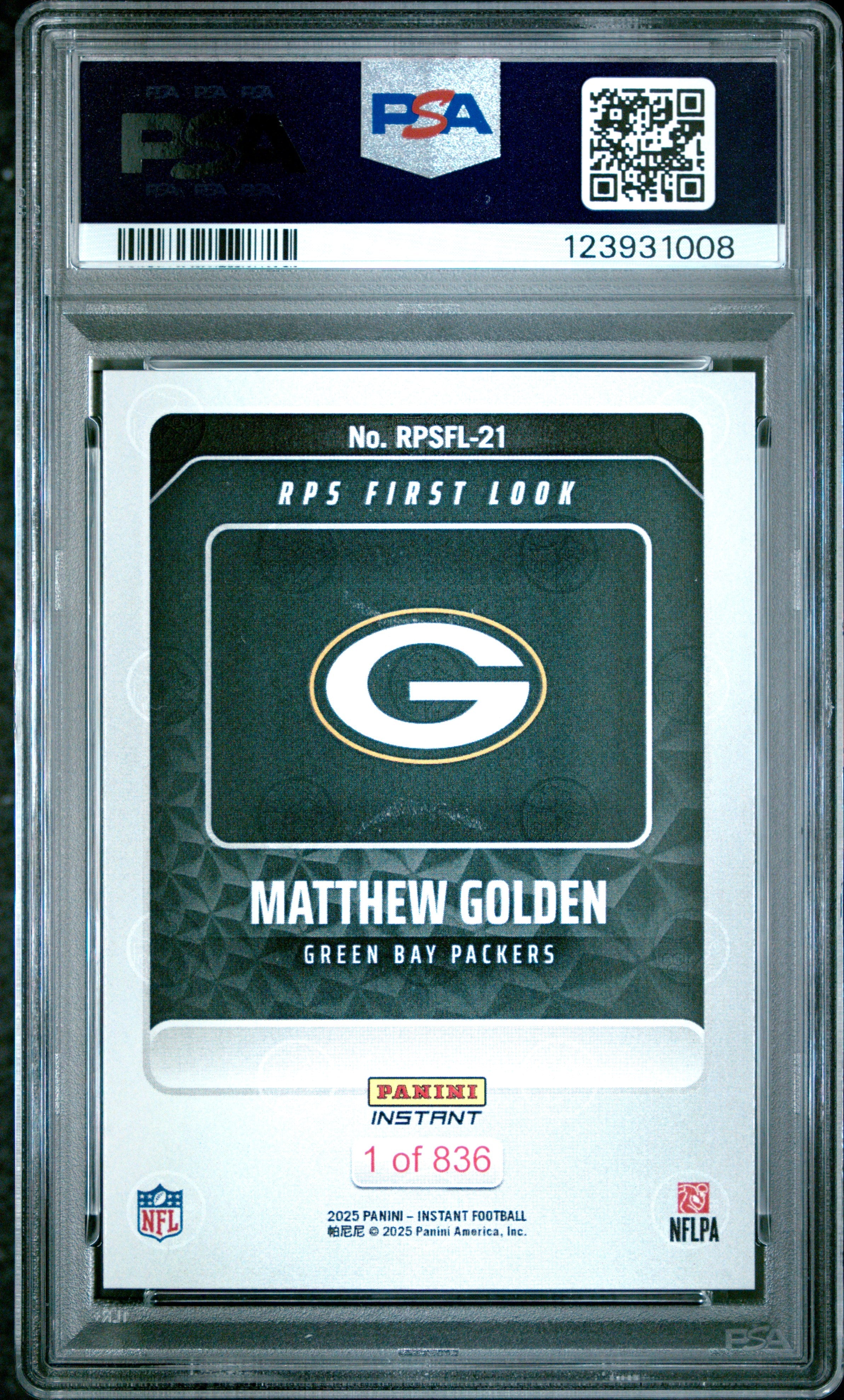Graded 2025 Panini Instant Matthew Golden #RPSFL21 RPS First Look Rookie RC Football Card PSA 10 Gem Mint