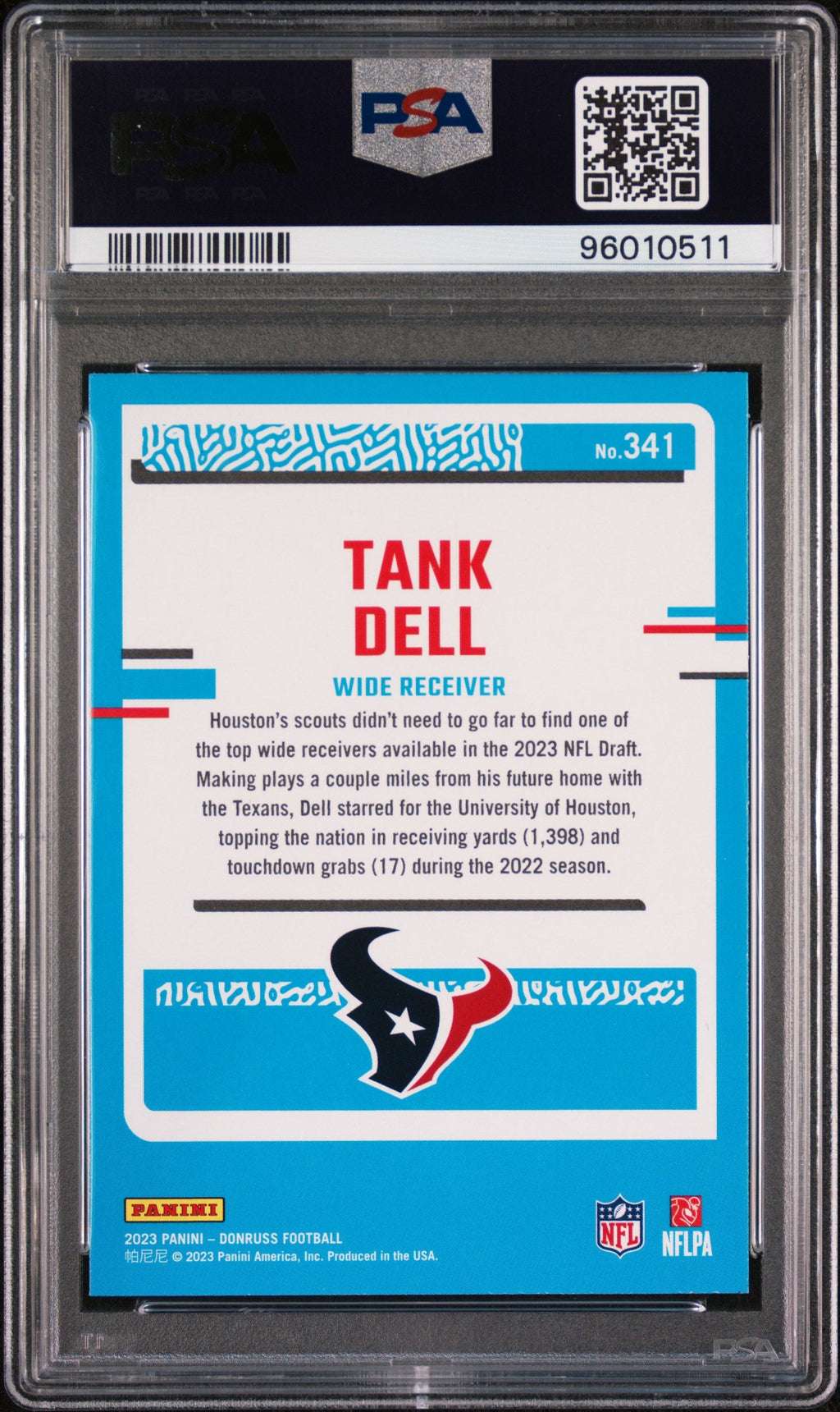 Graded 2023 Panini Donruss Tank Dell #341 Rookie RC Football Card PSA 10 Gem Mint