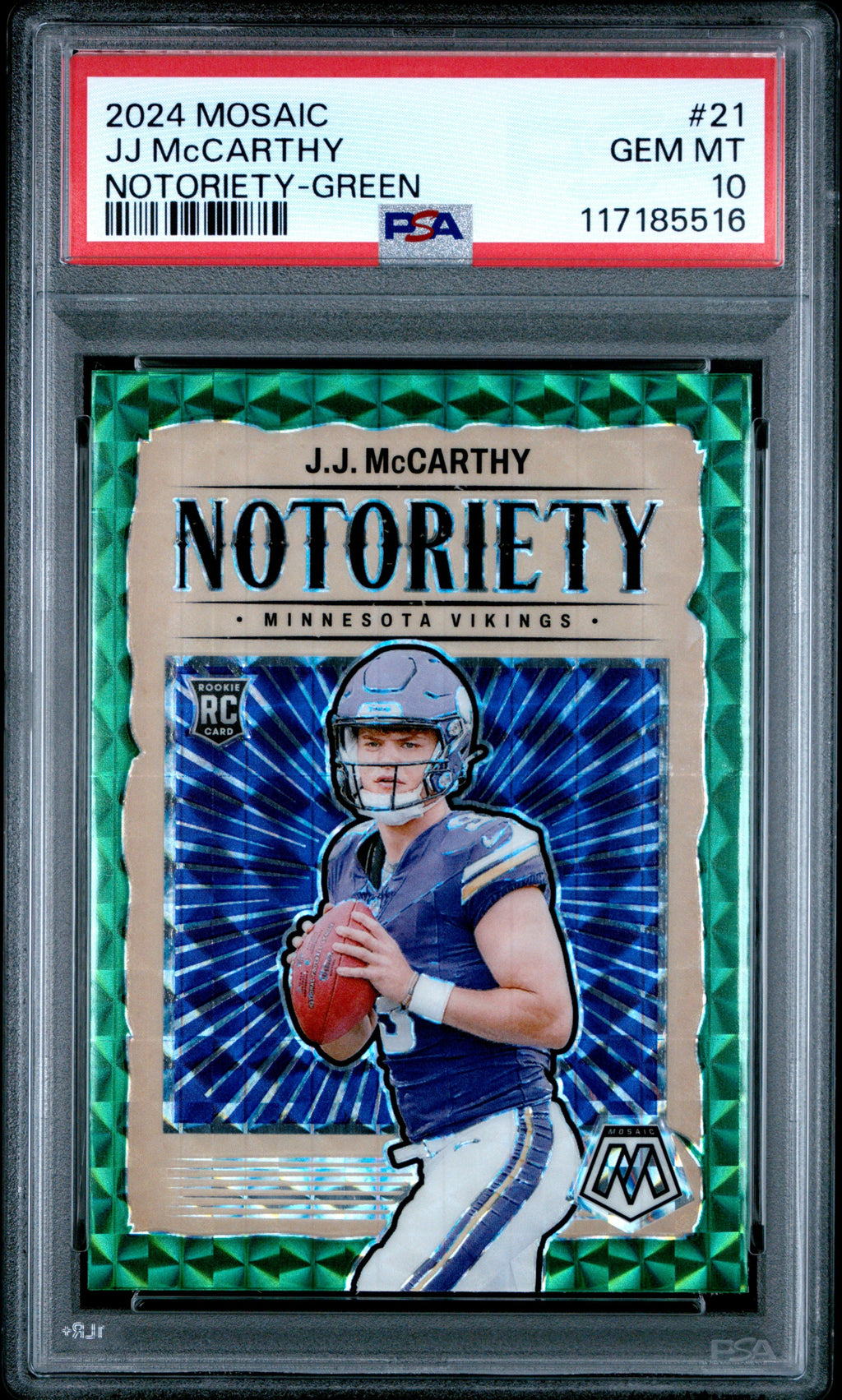 Graded 2024 Panini Mosaic JJ McCarthy #21 Notoriety Green Rookie RC Football Card PSA 10 Gem Mint