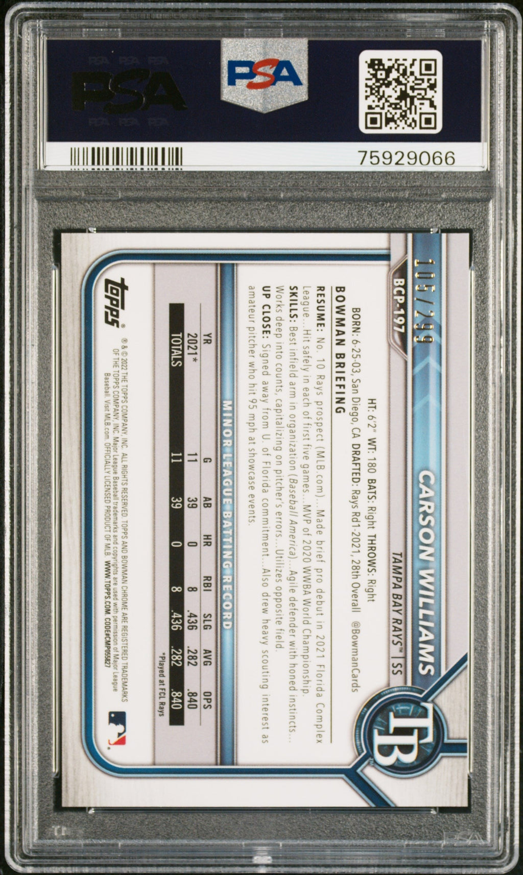 Graded 2022 Topps Bowman Chrome Carson Williams #BCP197 Prospect Speckle Refractor /299 Rookie RC Baseball Card PSA 10 Gem Mint