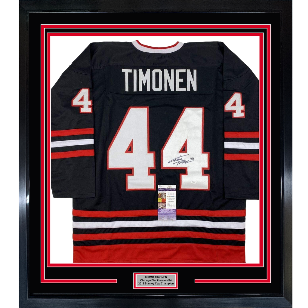 Framed Autographed/Signed Kimmo Timonen 35x39 Chicago Black Hockey Jersey JSA COA