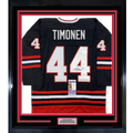 Framed Autographed/Signed Kimmo Timonen 35x39 Chicago Black Hockey Jersey JSA COA