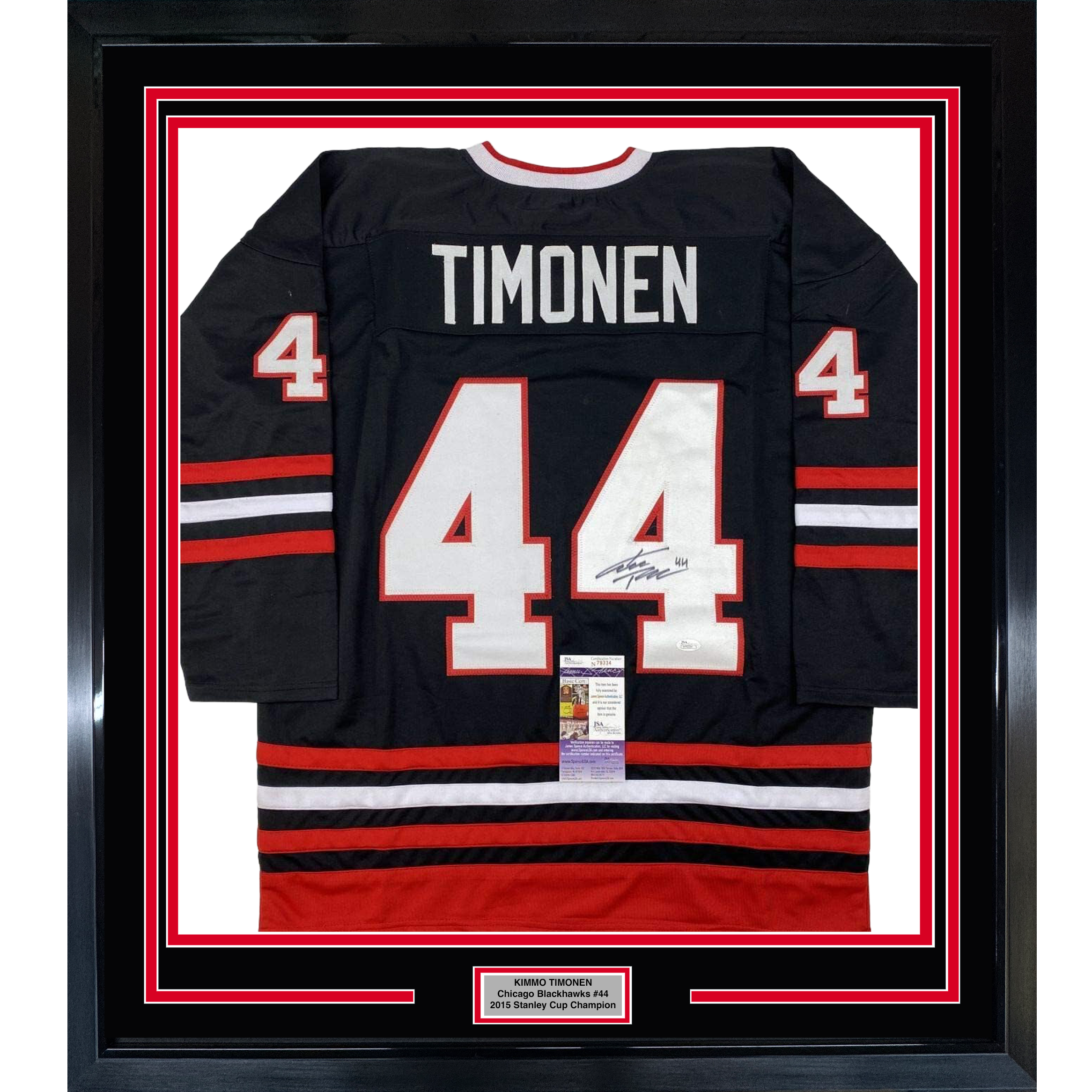 Framed Autographed/Signed Kimmo Timonen 35x39 Chicago Black Hockey Jersey JSA COA