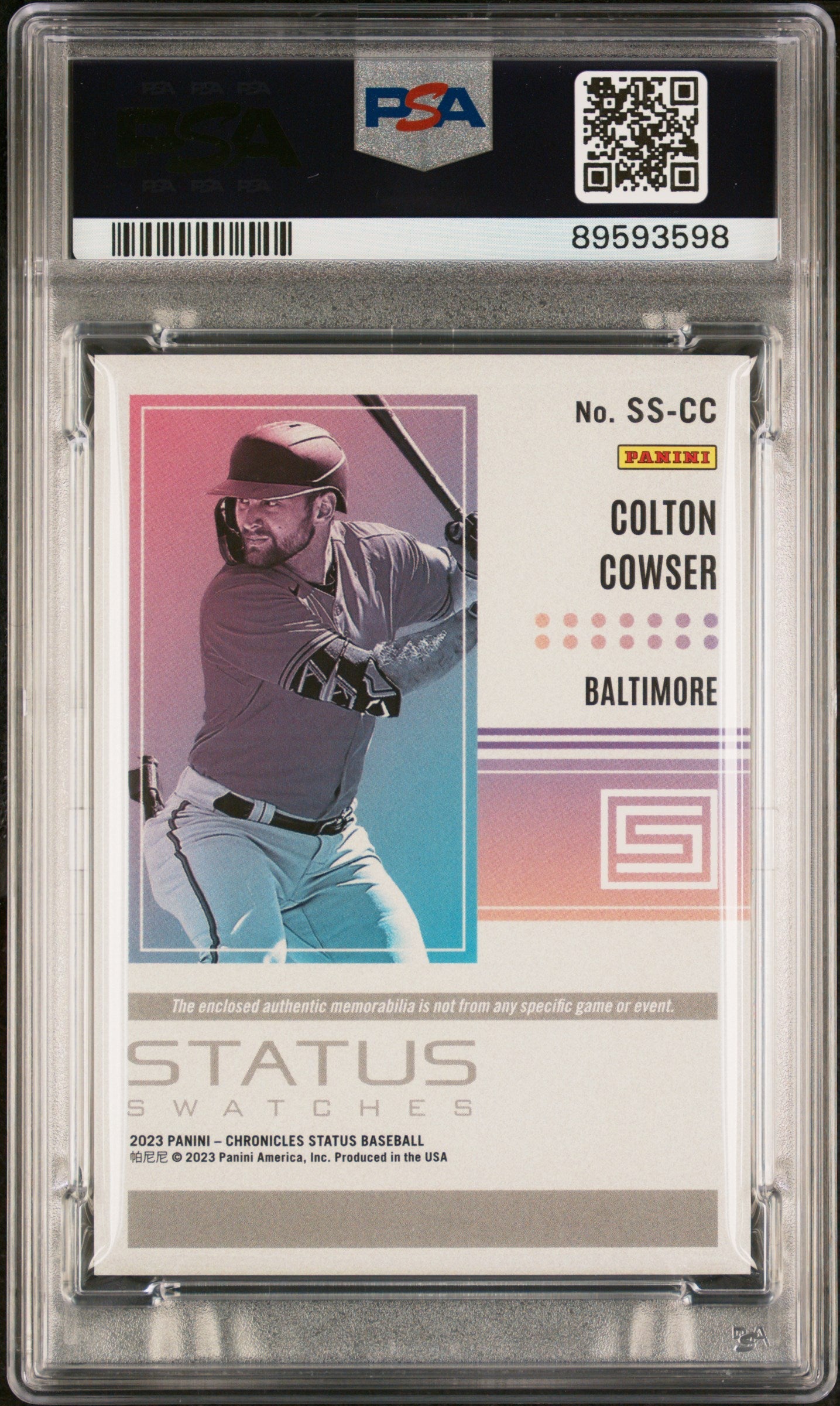 Graded 2023 Panini Chronicles Colton Cowser #SSCC Status Swatches Gold /99 Rookie RC Baseball Card PSA 10 Gem Mint