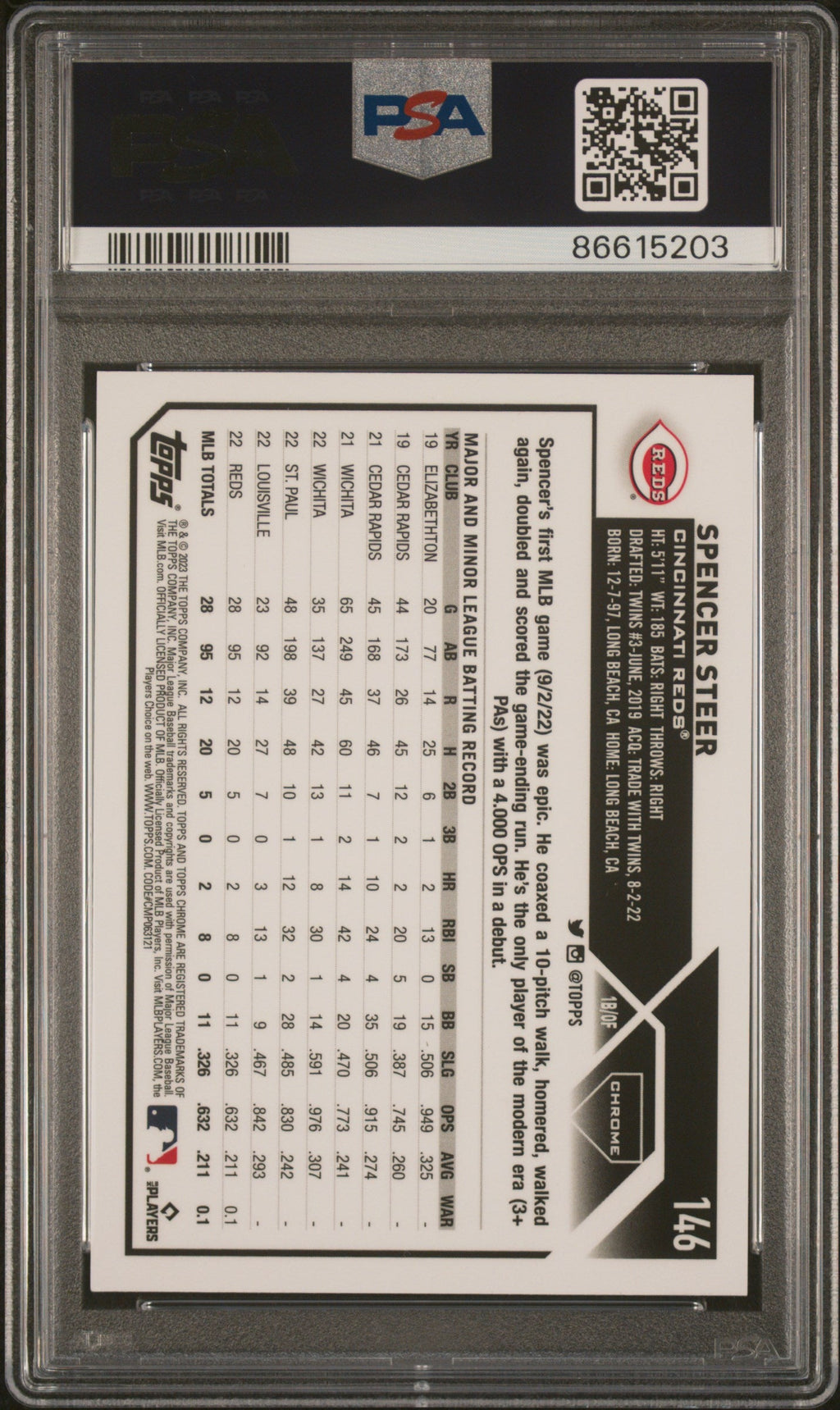 Graded 2023 Topps Chrome Spencer Steer #146 Magenta /399 Rookie RC Baseball Card PSA 10 Gem Mint