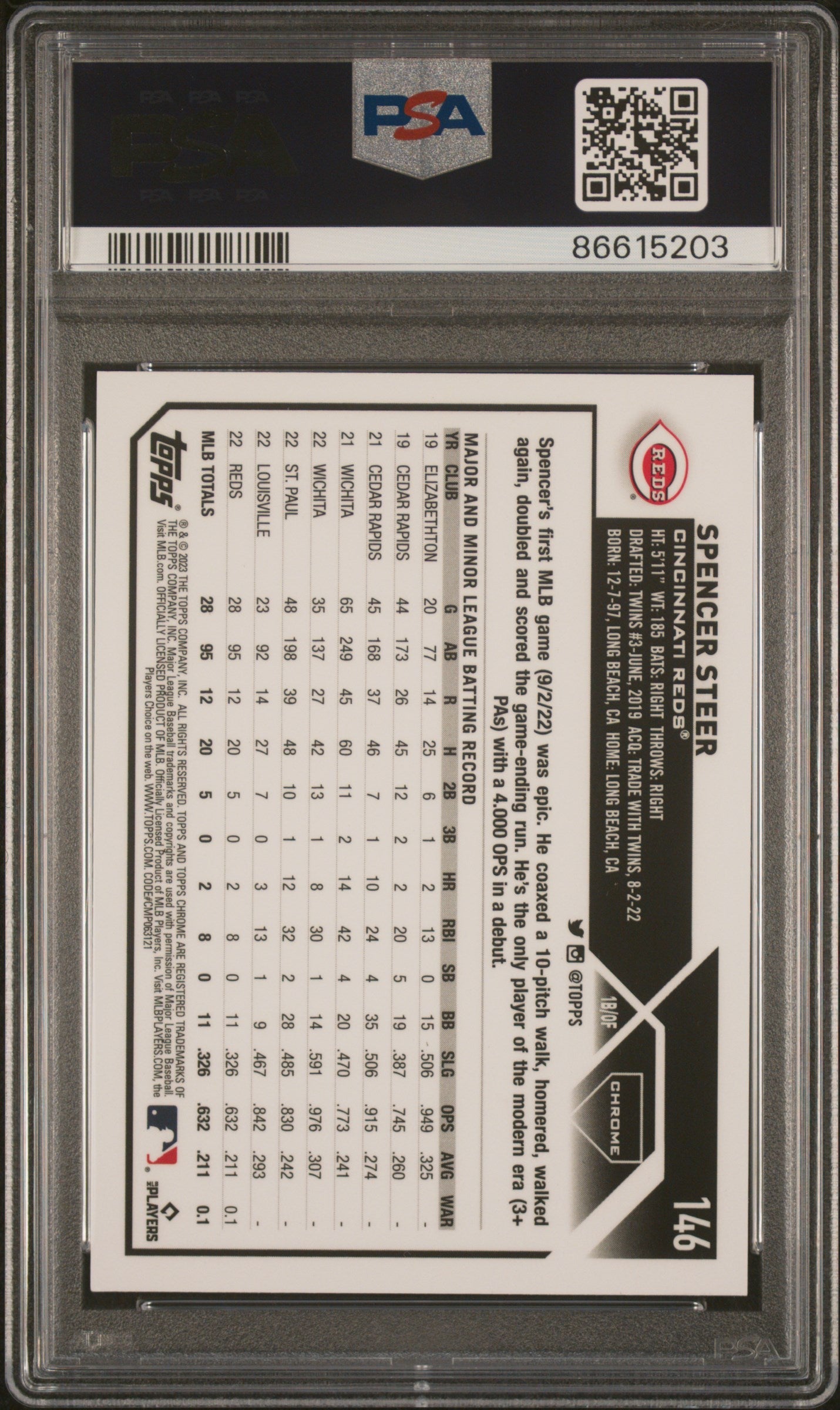 Graded 2023 Topps Chrome Spencer Steer #146 Magenta /399 Rookie RC Baseball Card PSA 10 Gem Mint