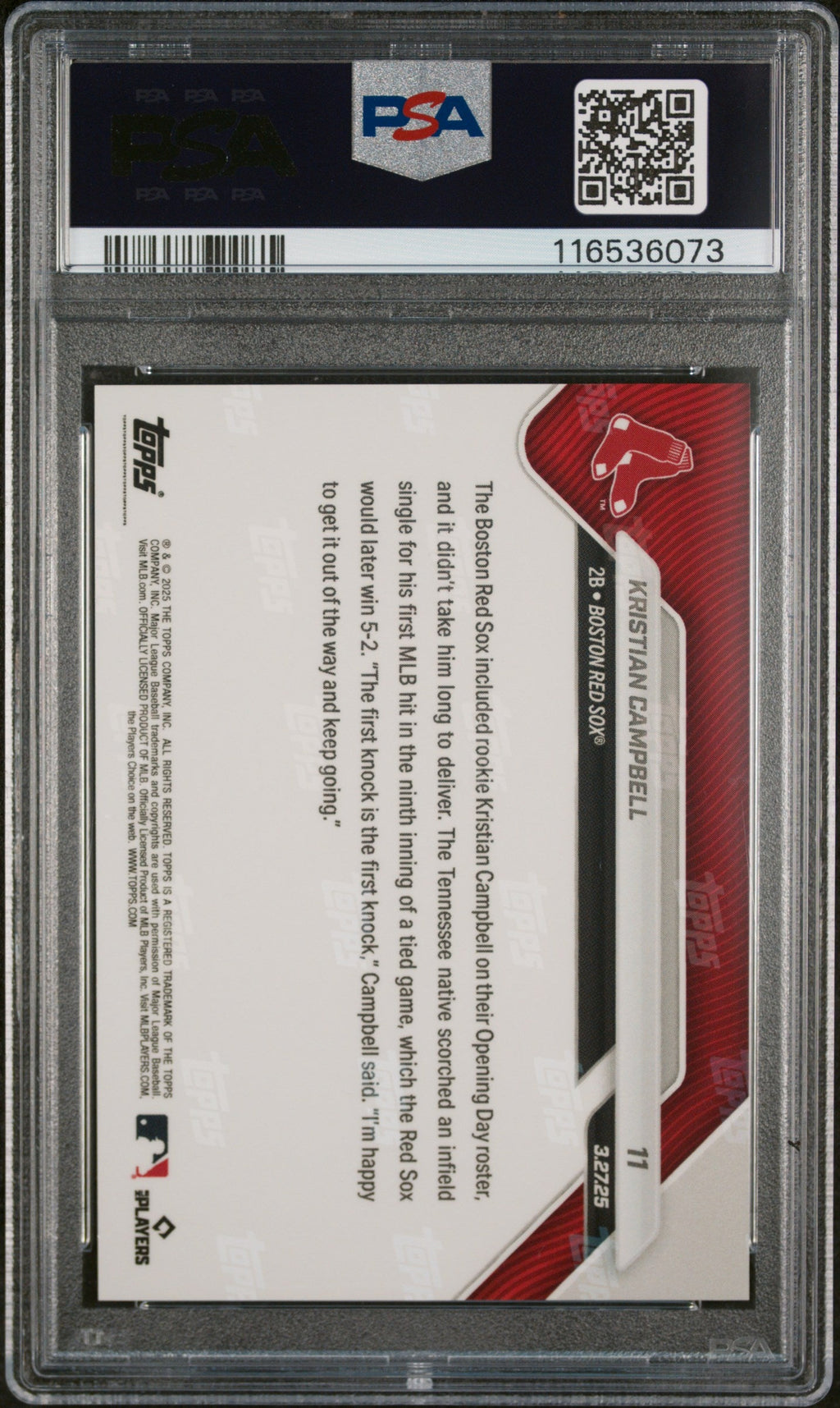 Graded 2025 Topps Now Kristian Campbell #11 Rookie RC Baseball Card PSA 10 Gem Mint