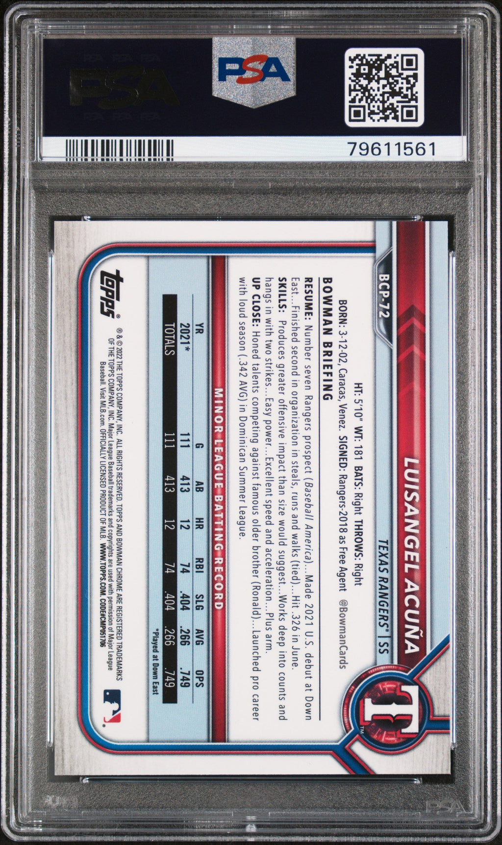 Graded 2022 Topps Bowman Luisangel Acuna #BCP72 Chrome Prospects Aqua Shimmer Refractor /125 Rookie RC Baseball Card PSA 10 Gem Mint
