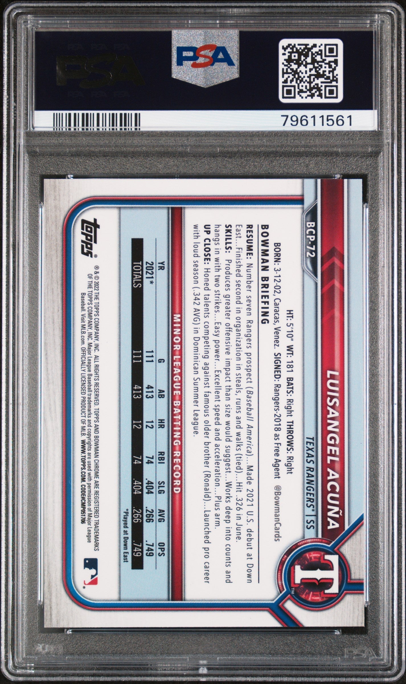 Graded 2022 Topps Bowman Luisangel Acuna #BCP72 Chrome Prospects Aqua Shimmer Refractor /125 Rookie RC Baseball Card PSA 10 Gem Mint