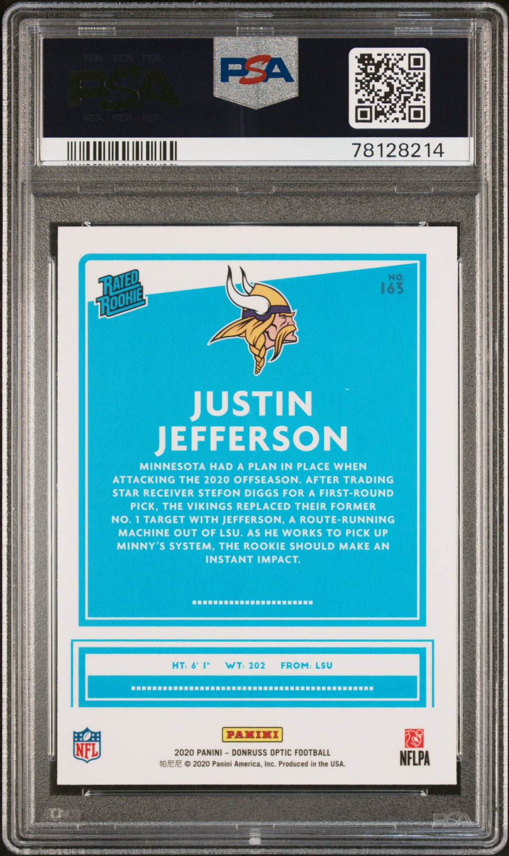 Graded 2020 Panini Donruss Optic Justin Jefferson #163 Rookie RC Football Card PSA 10 Gem Mint