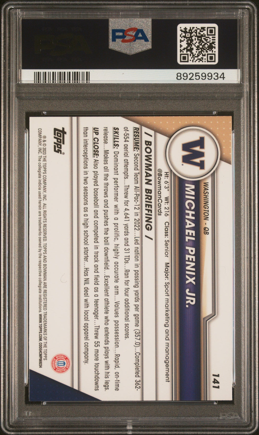 Graded 2023 Topps Bowman U Sapphire Michael Penix Jr. #141 Rookie RC Football Card PSA 10 Gem Mint