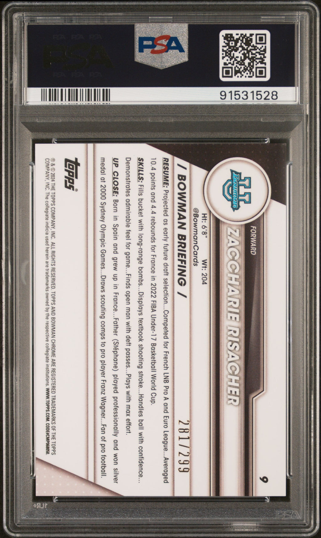Graded 2023 Topps Bowman U Chrome Zaccharie Risacher #9 Aqua Wave /299 Rookie RC Basketball Card PSA 10 Gem Mint