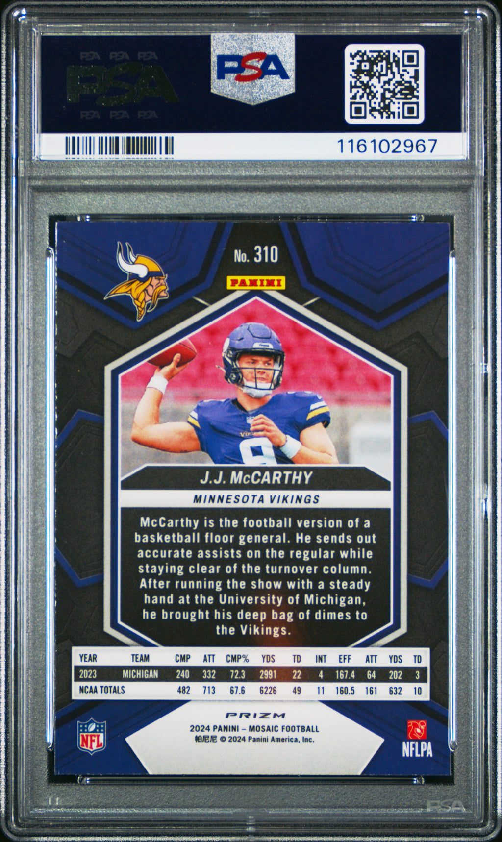 Graded 2024 Panini Mosaic JJ McCarthy #310 Reactive Blue Rookie RC Football Card PSA 10 Gem Mint