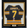 Framed Autographed/Signed Phil Esposito 35x39 Boston Black Hockey Jersey JSA COA