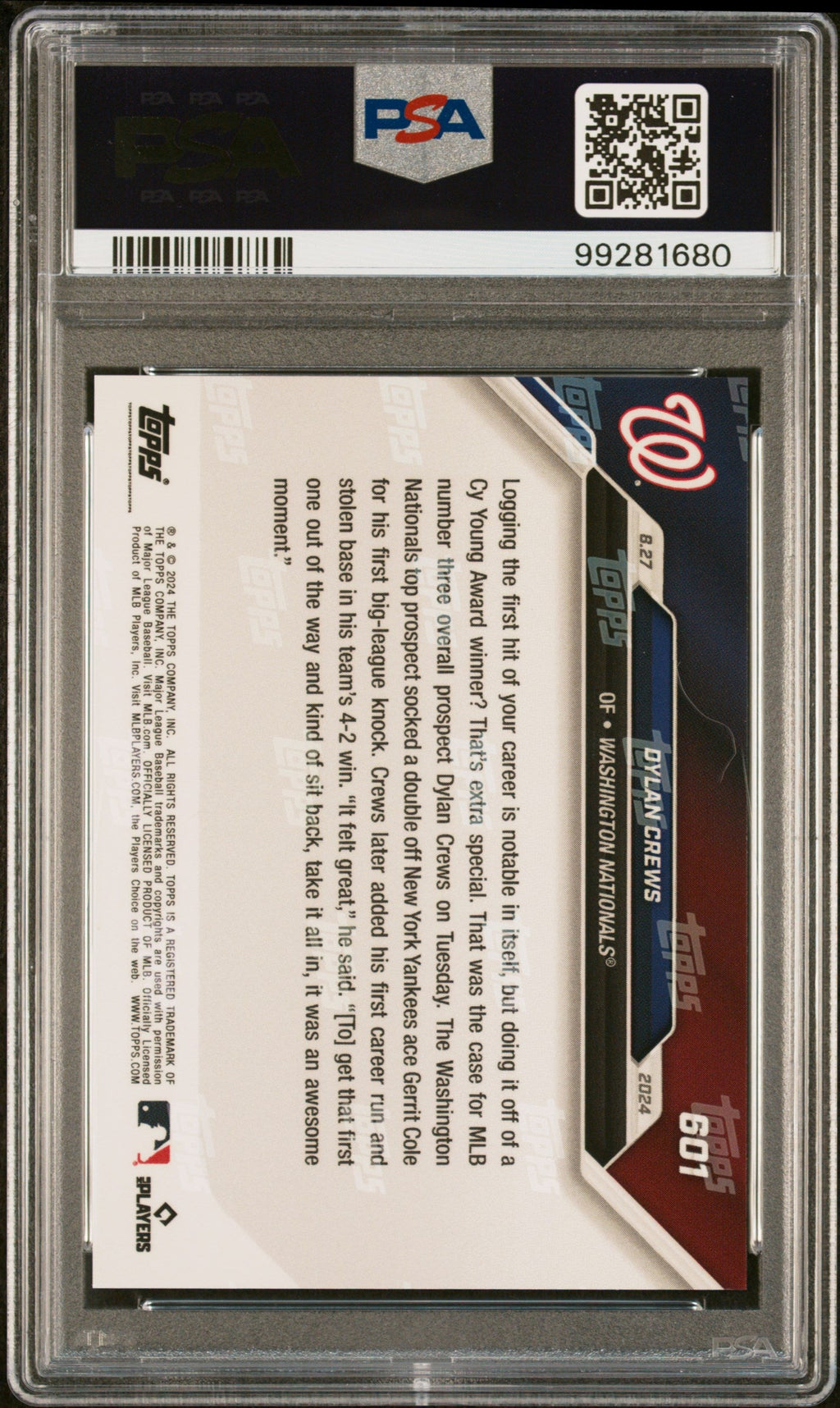 Graded 2024 Topps Now Dylan Crews #601 MLB Number 3 Prospect Logs 1st Hit, SB & Run Rookie RC Baseball Card PSA 10 Gem Mint