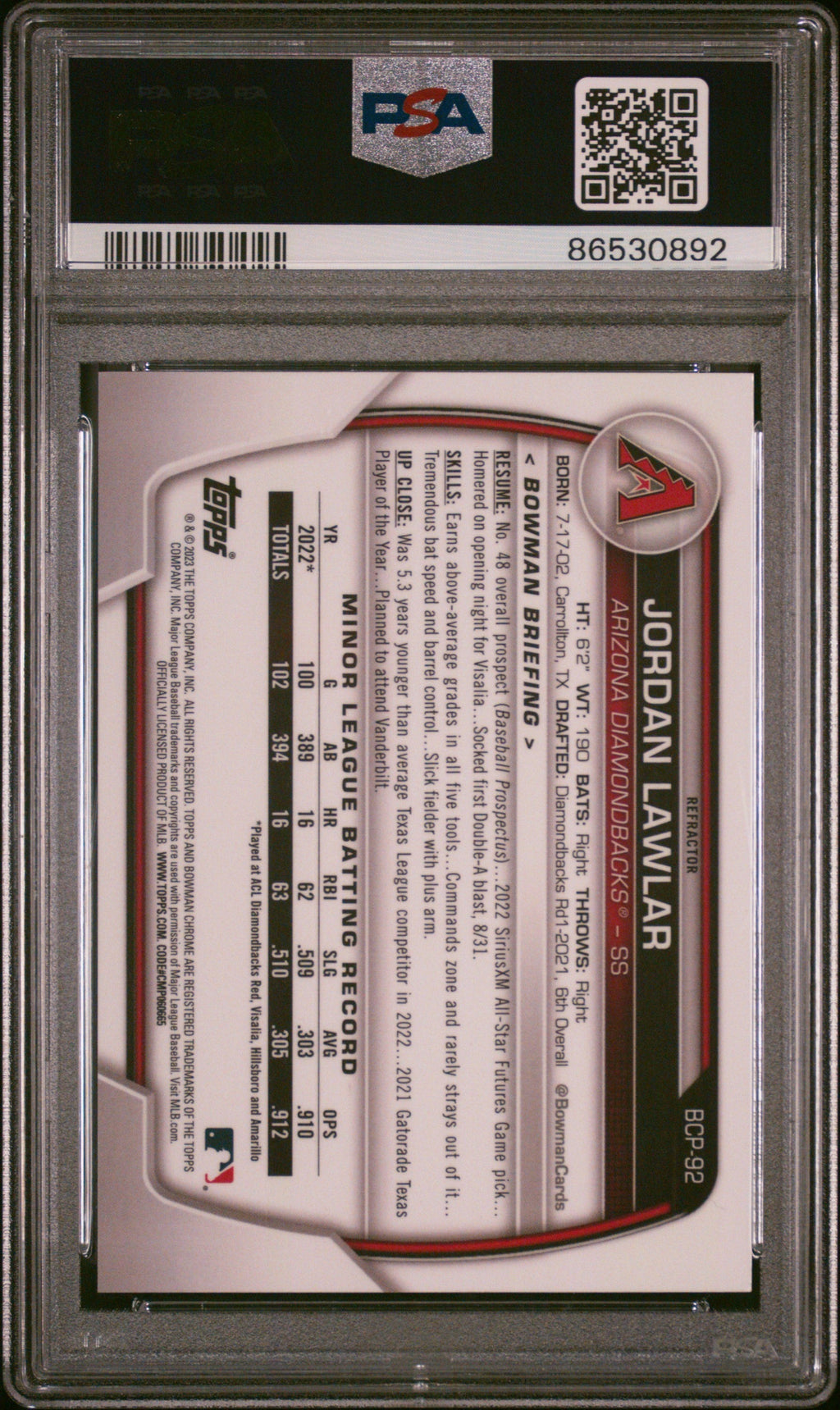 Graded 2023 Topps Bowman Jordan Lawler #BCP92 Chrome Prospects Refractor /499 Rookie RC Baseball Card PSA 10 Gem Mint
