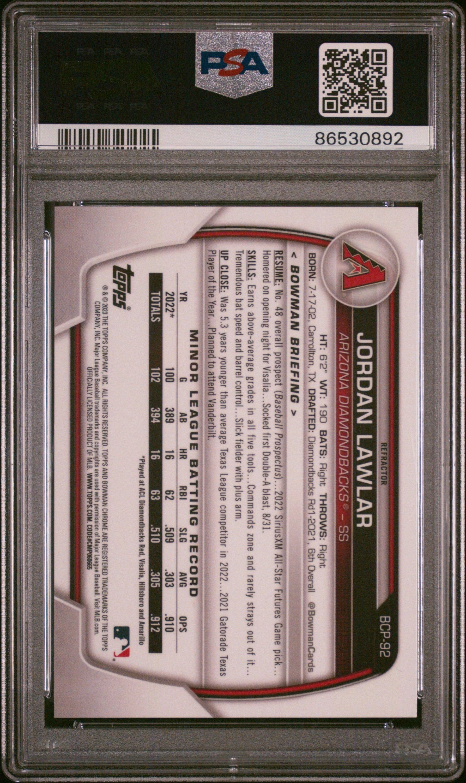 Graded 2023 Topps Bowman Jordan Lawler #BCP92 Chrome Prospects Refractor /499 Rookie RC Baseball Card PSA 10 Gem Mint