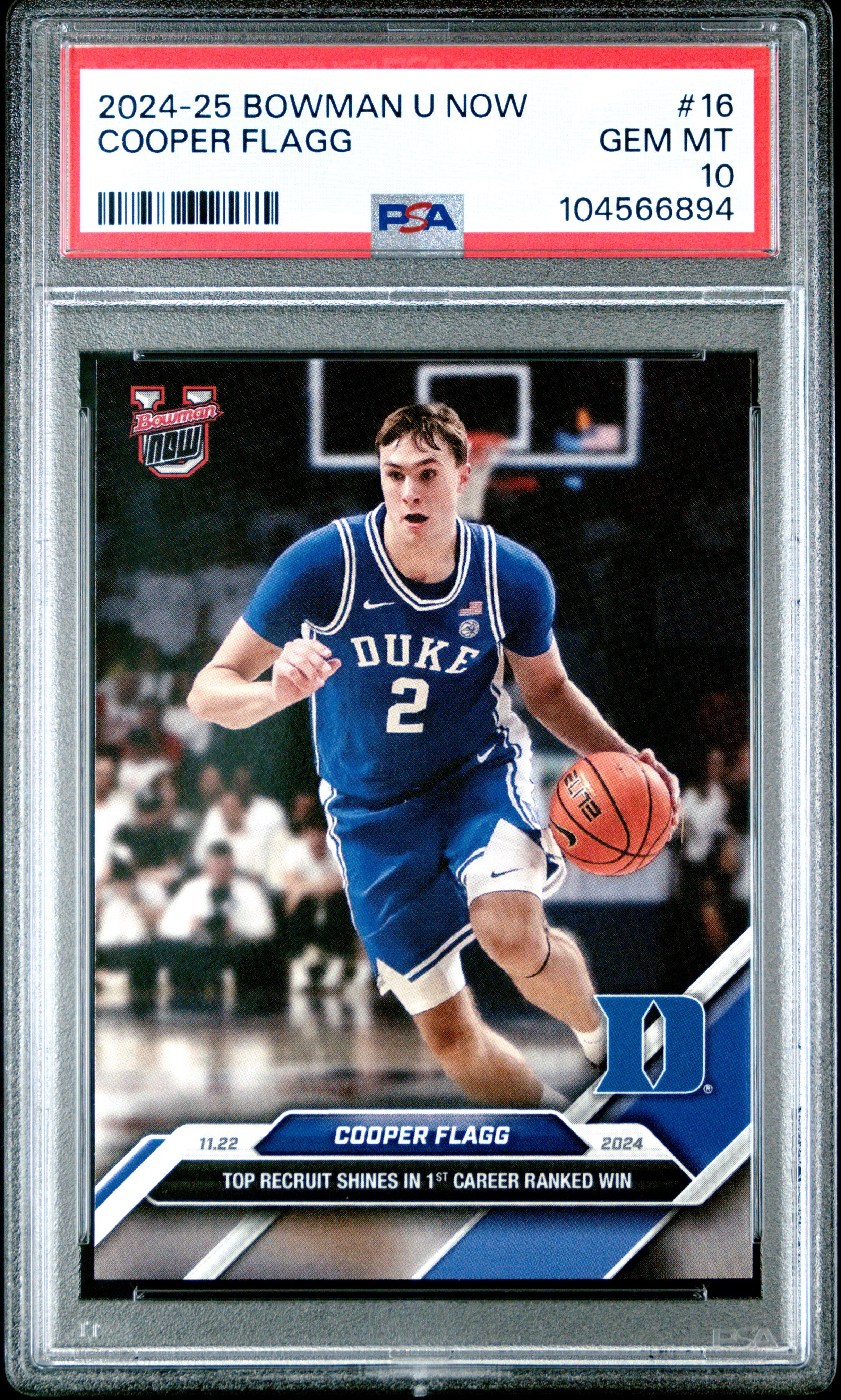 Graded 2024 Topps Bowman U Now Cooper Flagg #16 Top Recruit Shines in 1st Career Ranked Win Rookie RC Basketball Card PSA 10 Gem Mint