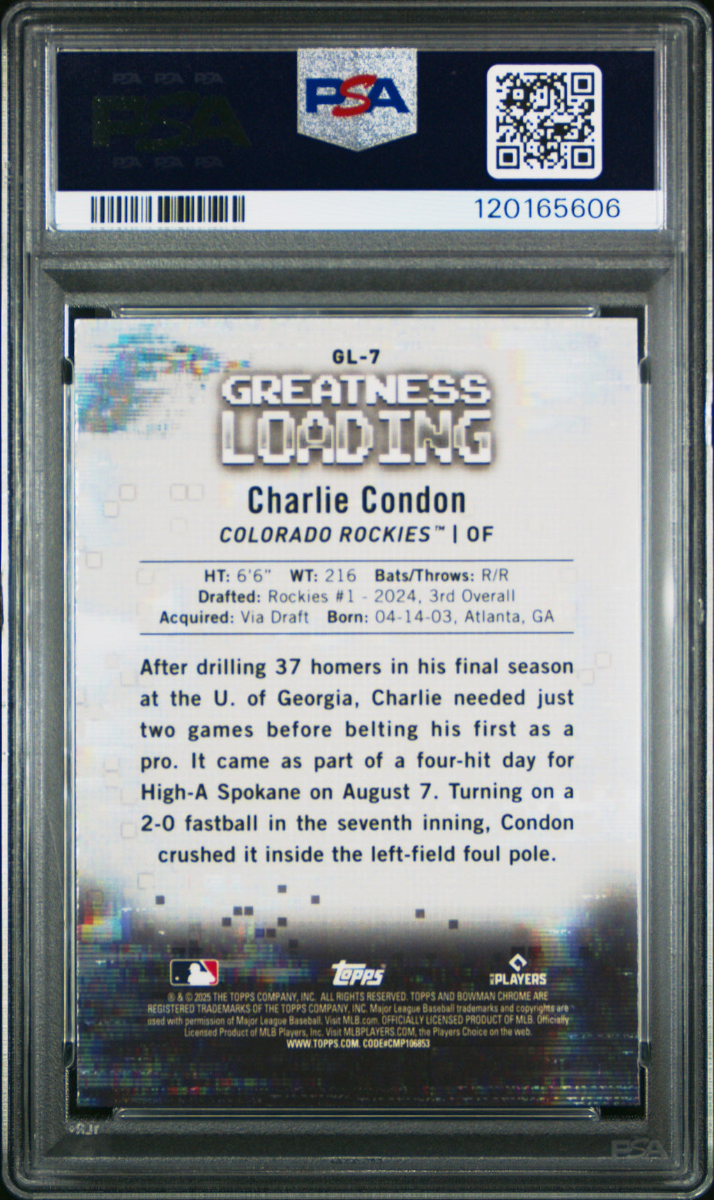 Graded 2025 Topps Bowman Charlie Condon #GL7 Greatness Loading Rookie RC Baseball Card PSA 10 Gem Mint