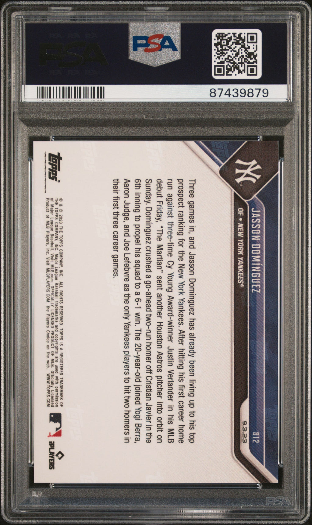 Graded 2023 Topps Now Jasson Dominguez #812 Rookie RC Baseball Card PSA 10 Gem Mint