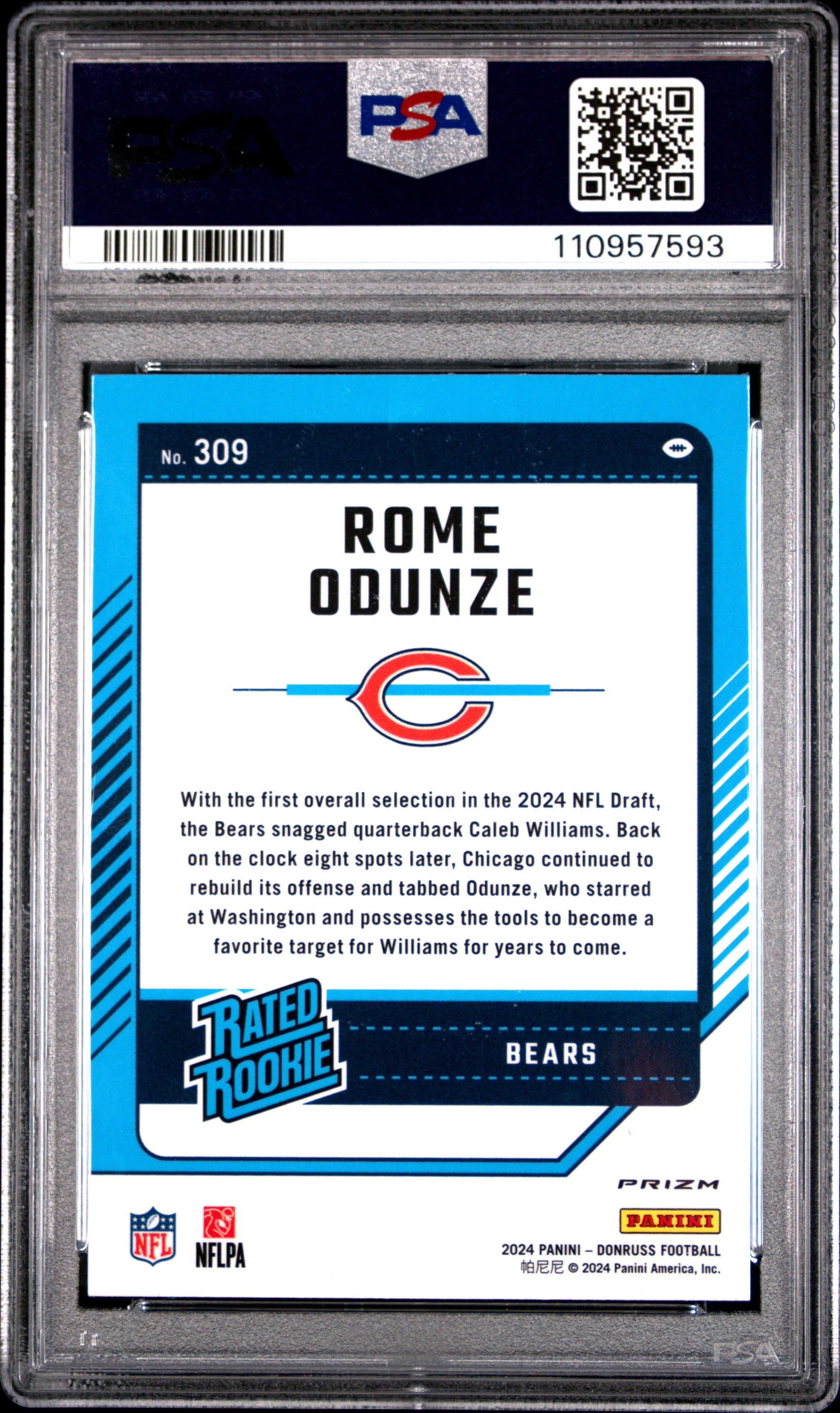 Graded 2024 Panini Donruss Rome Odunze #309 Optic Preview Pink Rookie RC Football Card PSA 10 Gem Mint