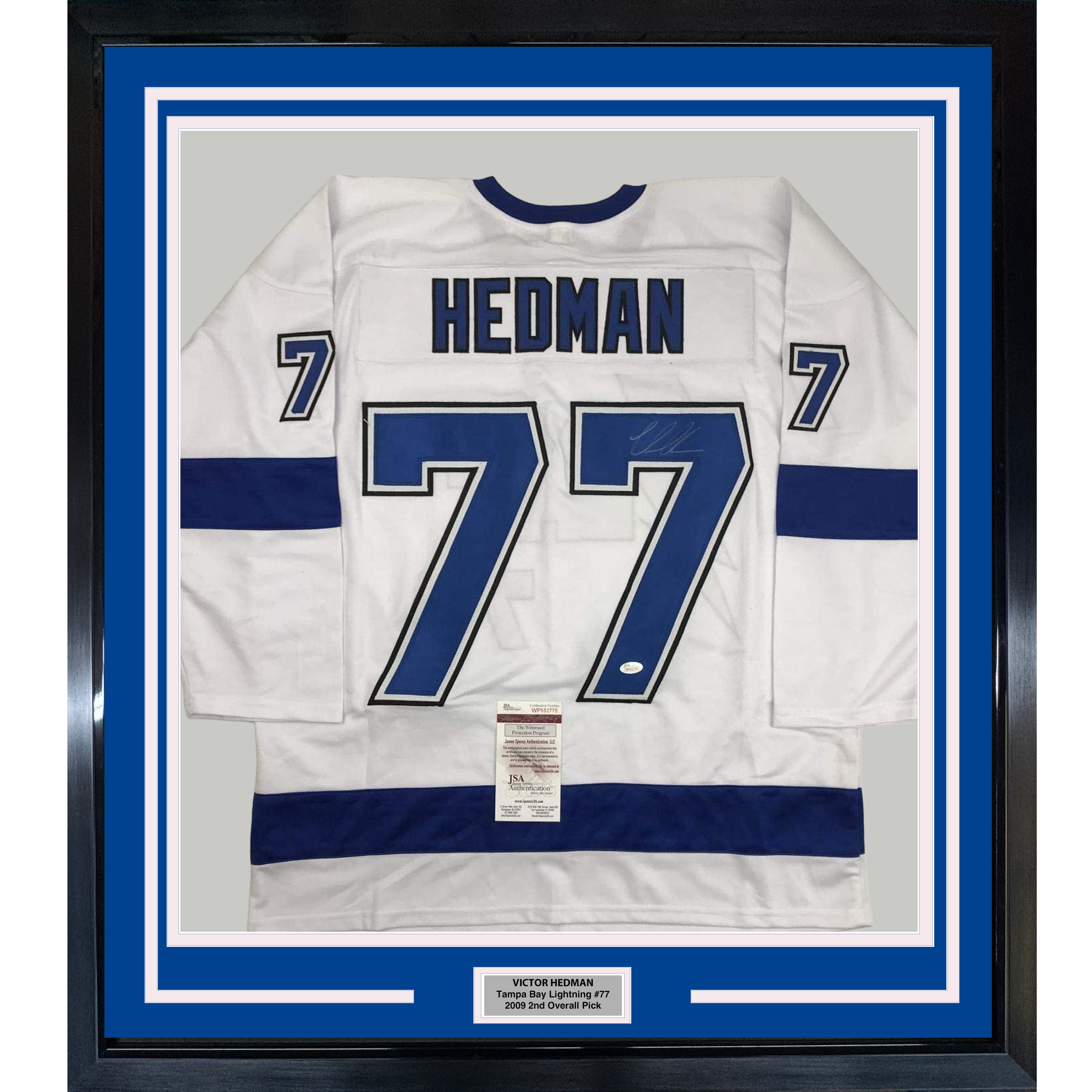 Framed Autographed/Signed Victor Hedman 35x39 Tampa Bay White Hockey Jersey JSA COA
