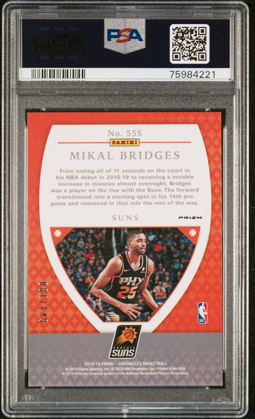 Graded 2018 Panini Chronicles Mikal Bridges #555 Red /149 Rookie RC Basketball Card PSA 10 Gem Mint