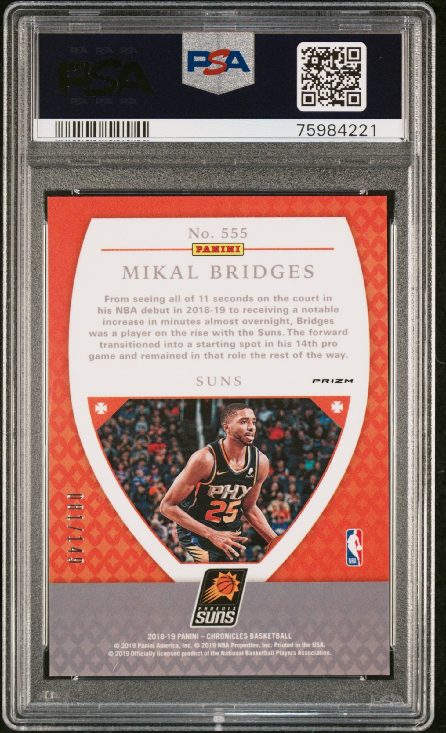 Graded 2018 Panini Chronicles Mikal Bridges #555 Red /149 Rookie RC Basketball Card PSA 10 Gem Mint
